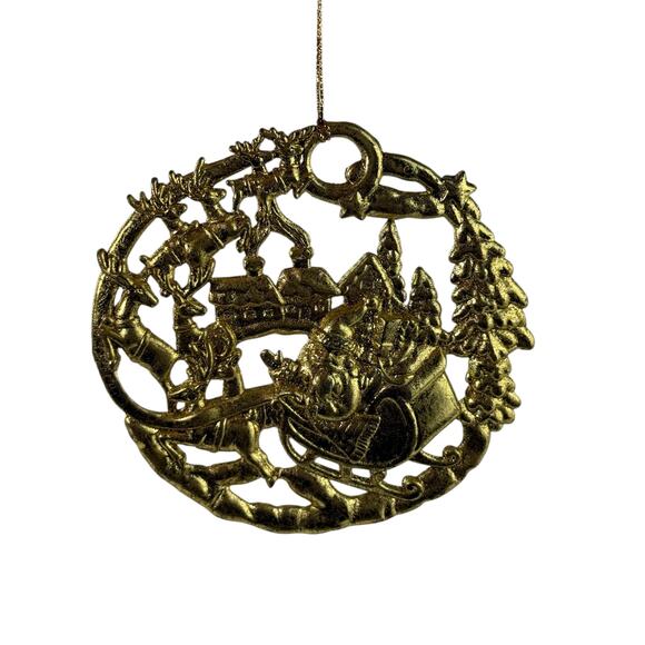 Vintage Gold Tone Santa Sleigh Reindeer Metal Christmas Ornament 4.5” - Picture 3 of 12